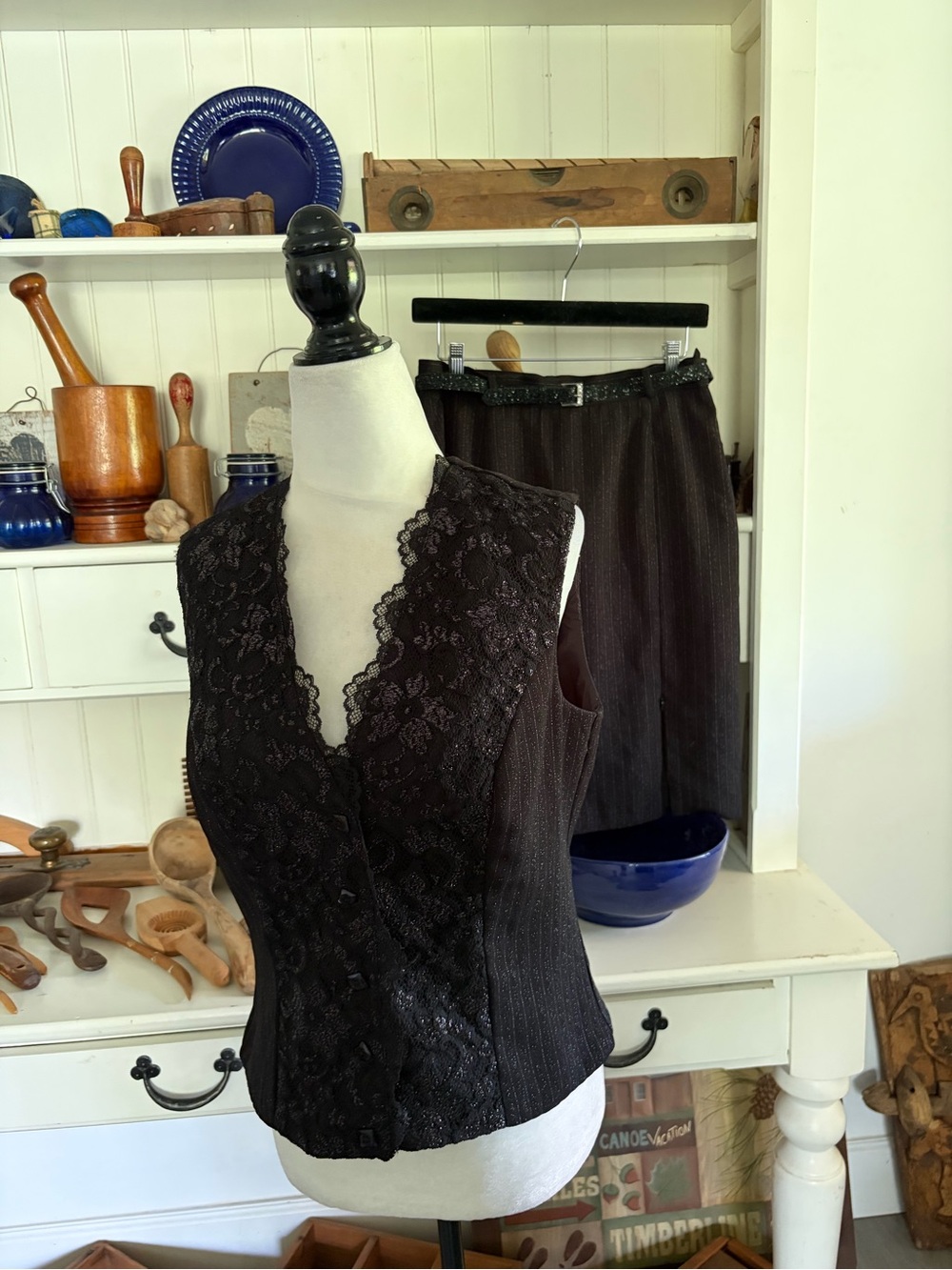 Women’s Black Lace-Trim Vest/skirt set- Classic Intimates